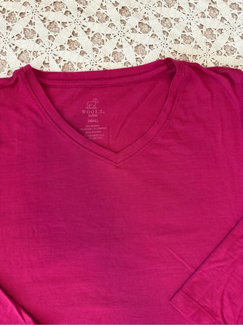 Woolx Elena 3/4 Sleeve V-Neck Wool Blend Shirt Fuchsia Pink Size Small